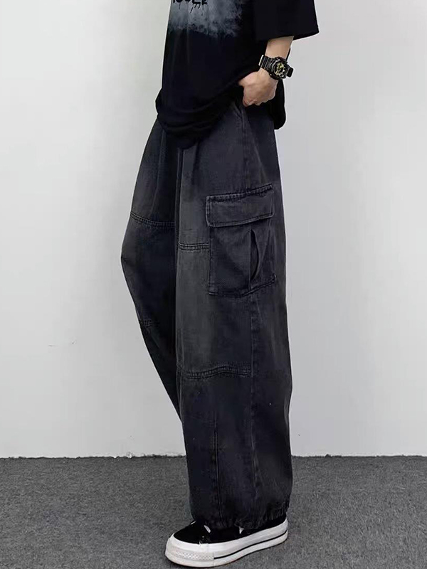 Jeans cargo de patchwork con bolsillo lavado para hombre-1