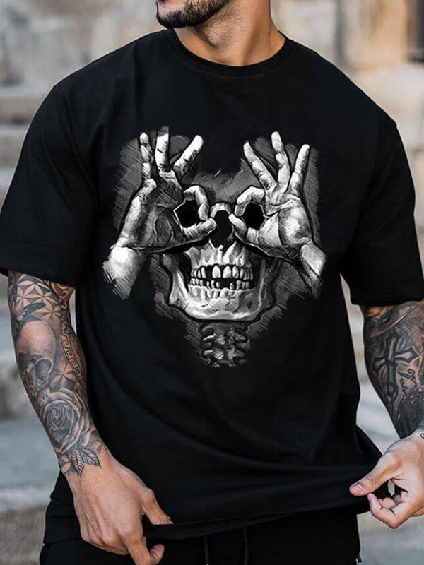 Calavera con OK Pattern Graphic Casual Camiseta con estampado negro-1
