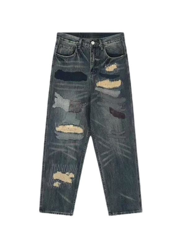 Jeans sueltos con decoración de varios parches desgastados para hombre-3