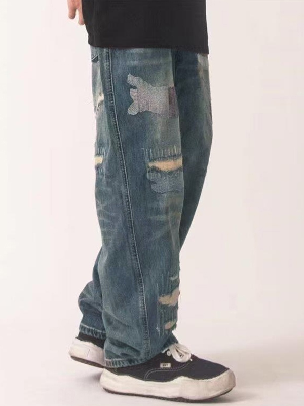 Jeans sueltos con decoración de varios parches desgastados para hombre-1