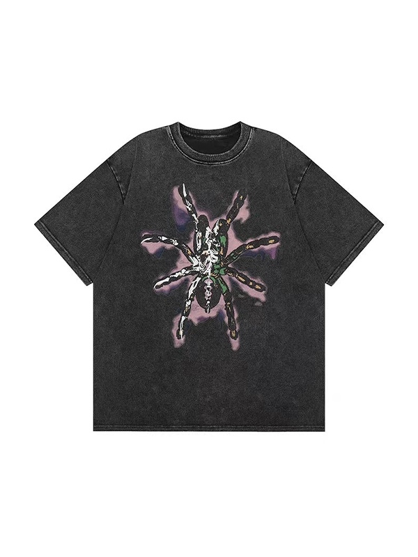 Camiseta de manga corta con estampado de araña desgastada y lavada para hombre-2