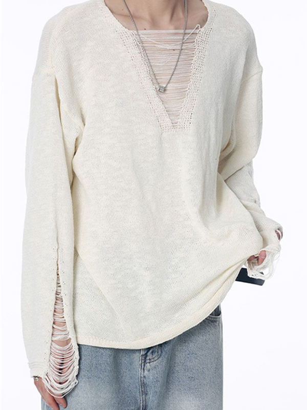 Suéter con diseño rasgado de color liso para hombre-1