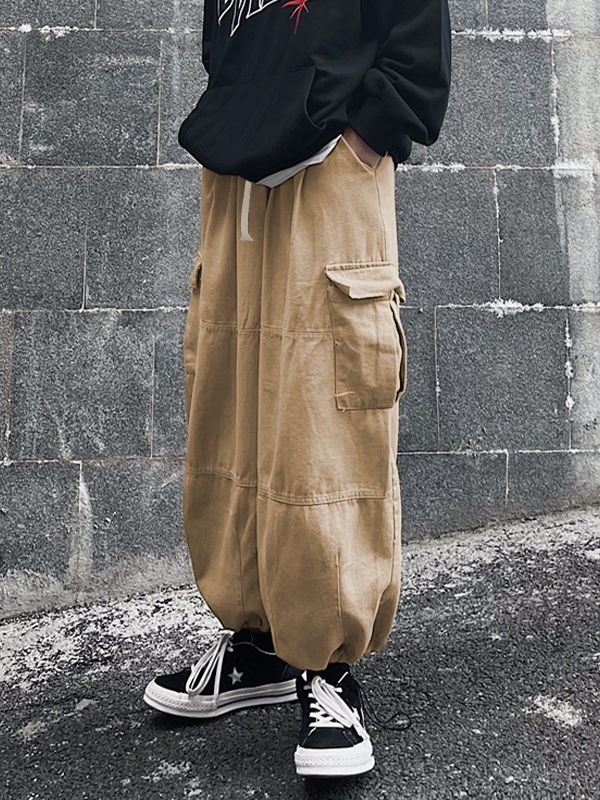 Pantalones cargo con pies atados con cordón y bolsillo vintage para hombre-3