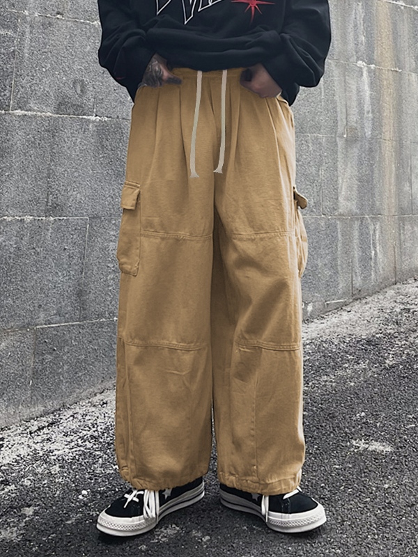 Pantalones cargo con pies atados con cordón y bolsillo vintage para hombre-2