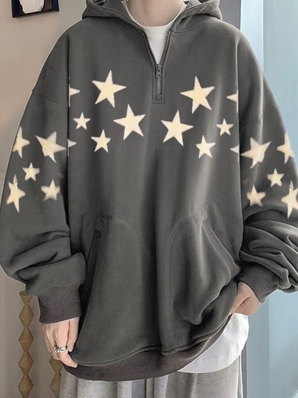 Sudadera con capucha extragrande con media cremallera y estampado de estrellas para hombre-1