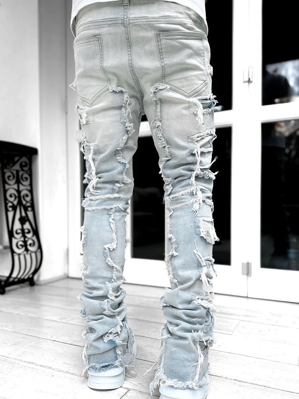 Vaqueros ajustados con ribete crudo y lavado azul claro para hombre-1