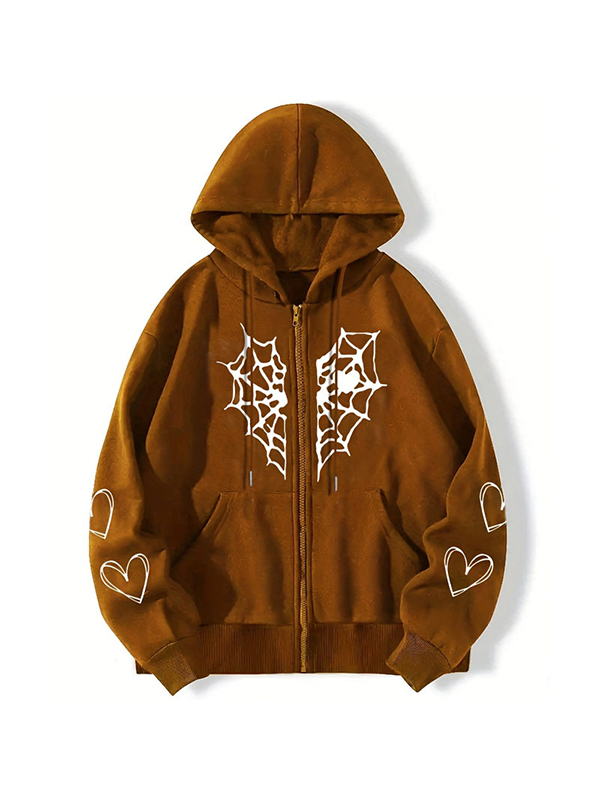 Sudadera con capucha extragrande con cremallera y estampado de telaraña en forma de corazón para hombre-1