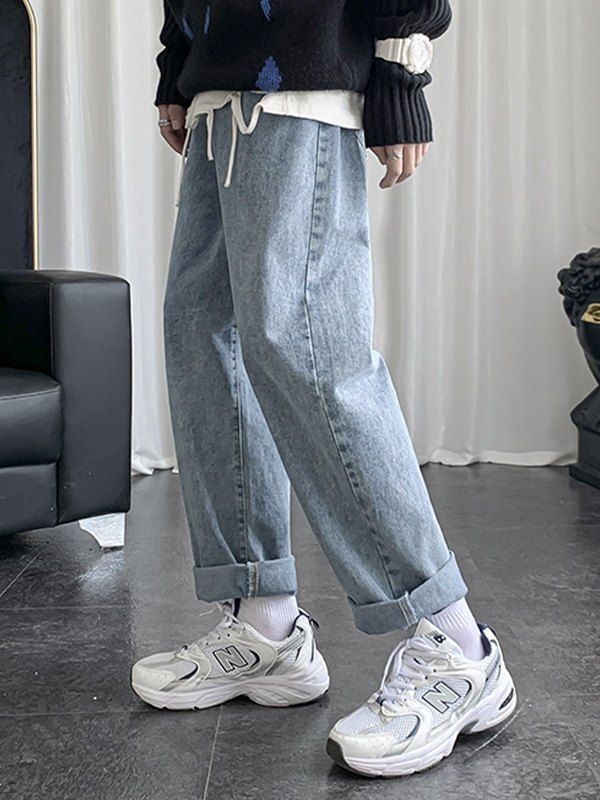 Vaqueros sueltos básicos con lavado azul para hombre-2