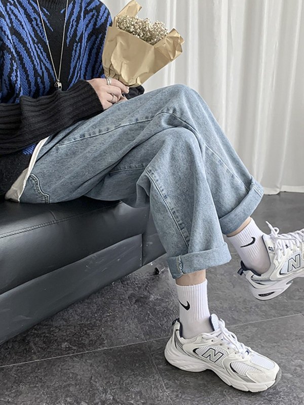 Vaqueros sueltos básicos con lavado azul para hombre-3