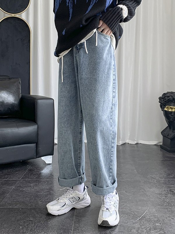 Vaqueros sueltos básicos con lavado azul para hombre-1