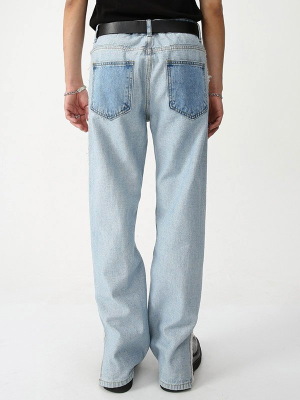 Jeans de hombre con cremallera y patchwork de pierna recta-2