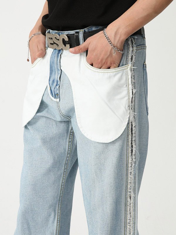 Jeans de hombre con cremallera y patchwork de pierna recta-3