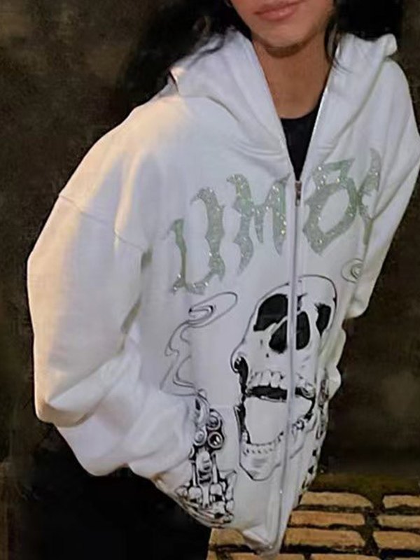 Sudadera con capucha negra con cremallera y calavera con letra de diamantes de imitación para hombre-2