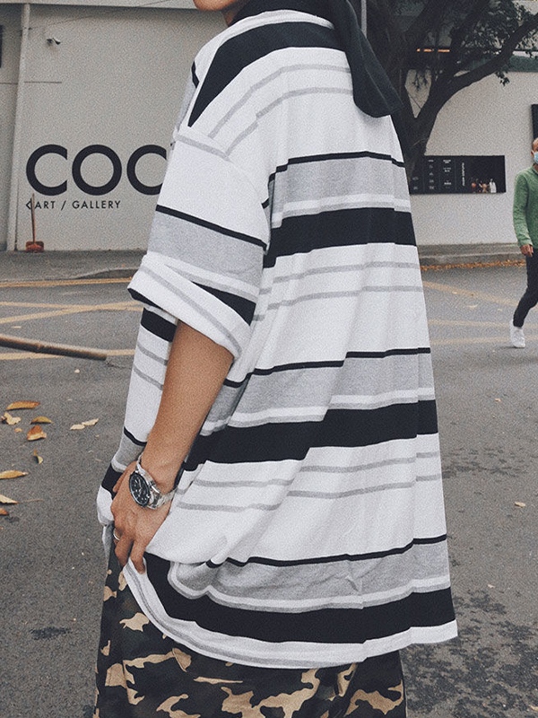 Camiseta de manga corta con bordado de rayas en contraste para hombre-1