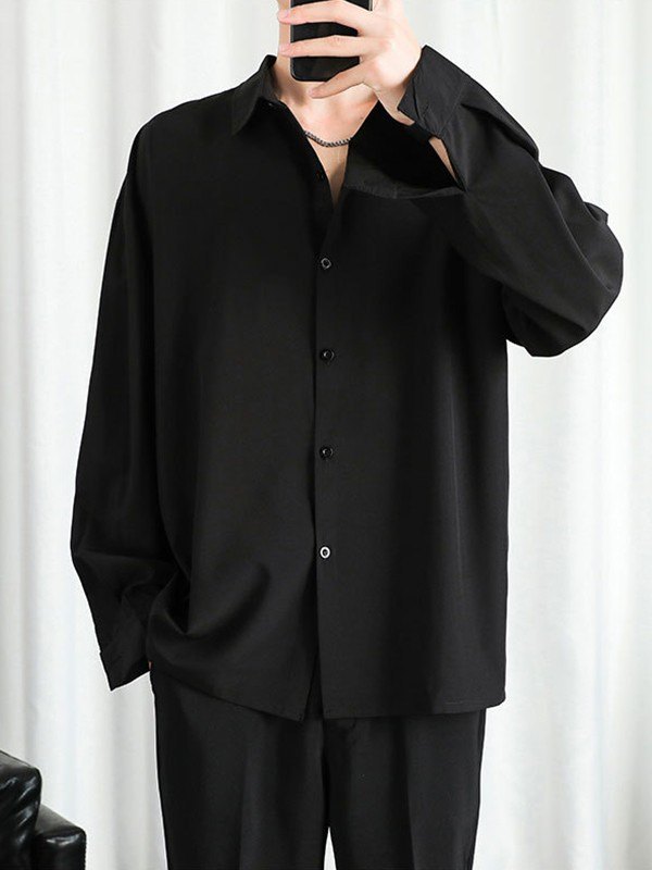 Camisa drapeada de manga larga con botones para hombre-2