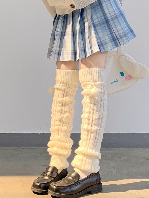 Calentador de piernas tejido trenzado Pompom Decor-1