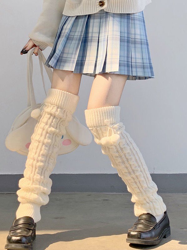 Calentador de piernas tejido trenzado Pompom Decor-2