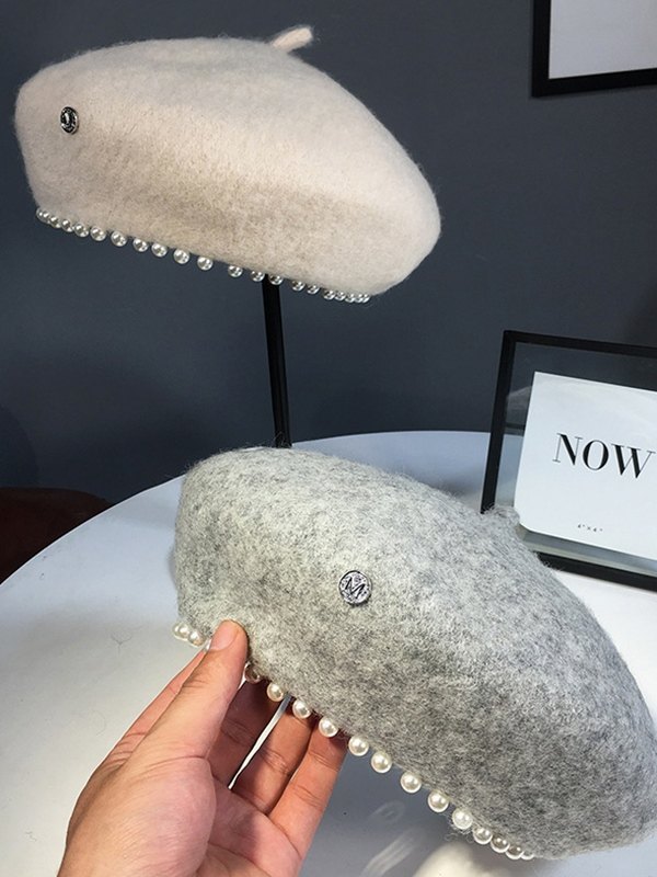 Boina de mezcla de lana adornada con perlas de imitación-1