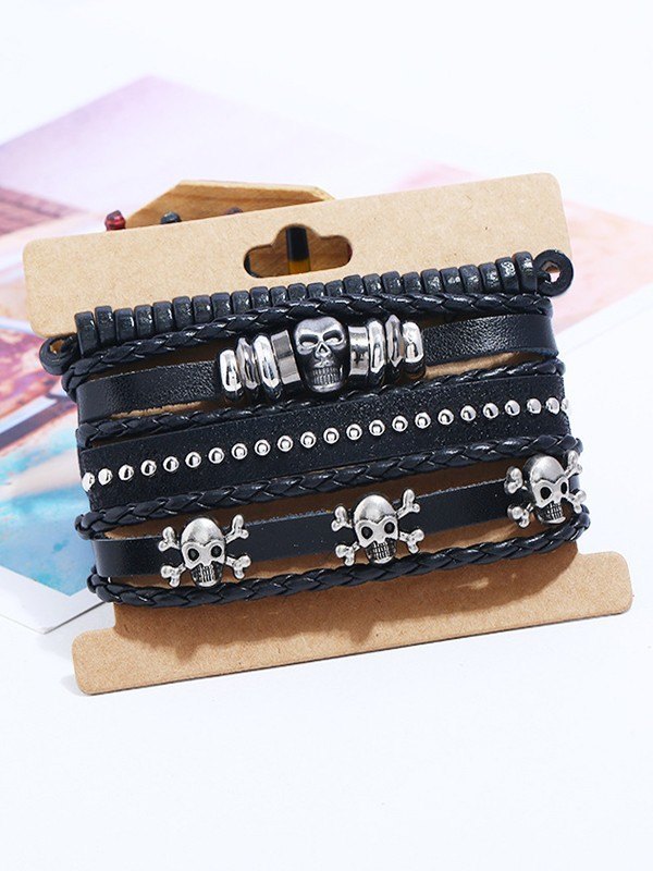 Juego de pulseras de cuero Pu con calavera de 4 piezas-3