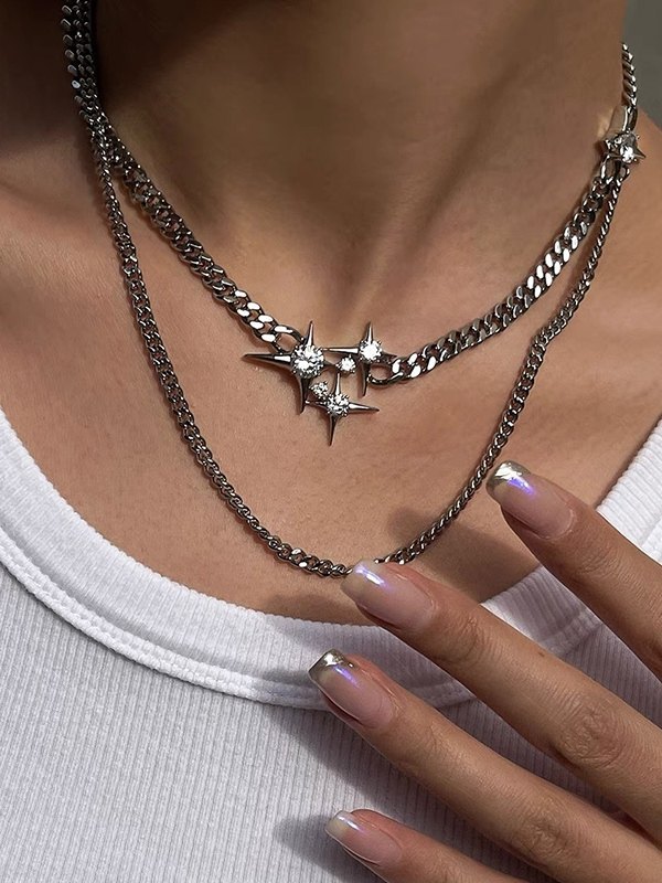Collar con colgante de estrella de diamantes de imitación de cadena de doble capa-1